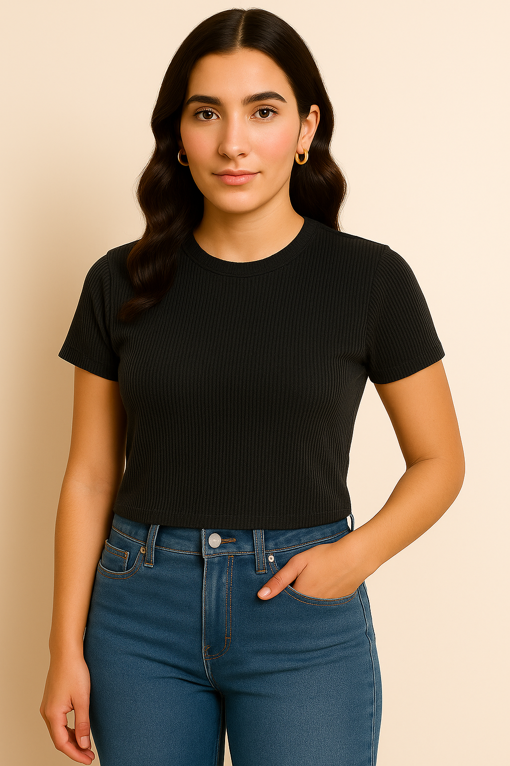 Black Ribbed Crop Top for Women