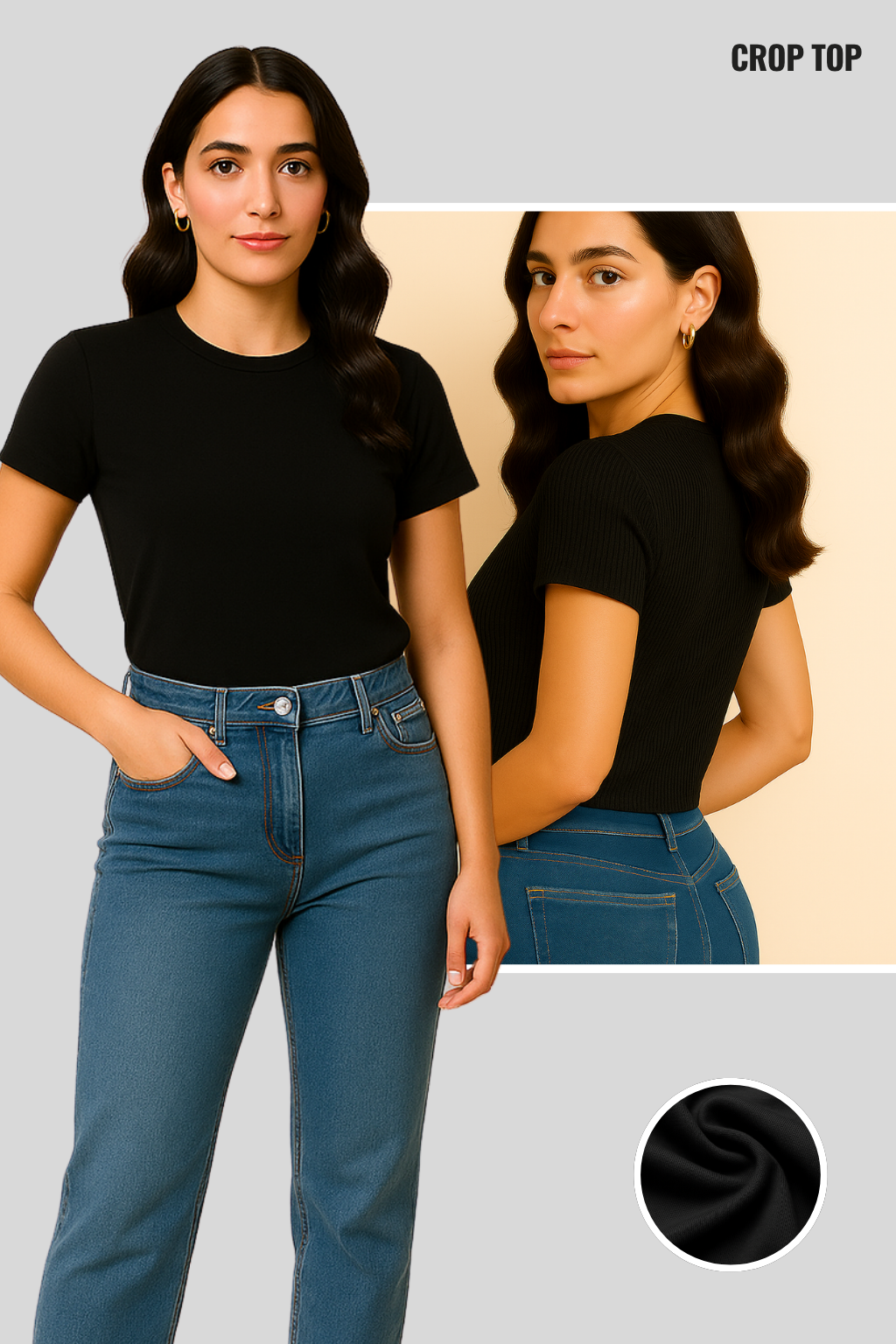 Black Ribbed Crop Top for Women