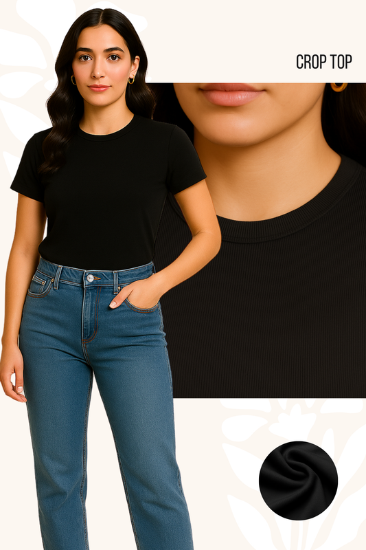 Black Ribbed Crop Top for Women