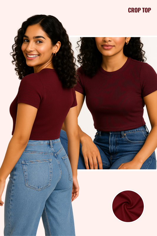 Red Wine Ribbed Crop Top for Women